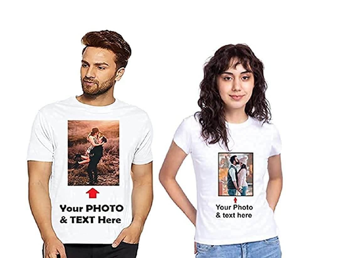 Personalized Couple Tshirts Set of Two, Customized Couple Printed Photo Text Round Neck Half Sleeve Unisex Tshirts for Men's and Women's Lovers Tshirts